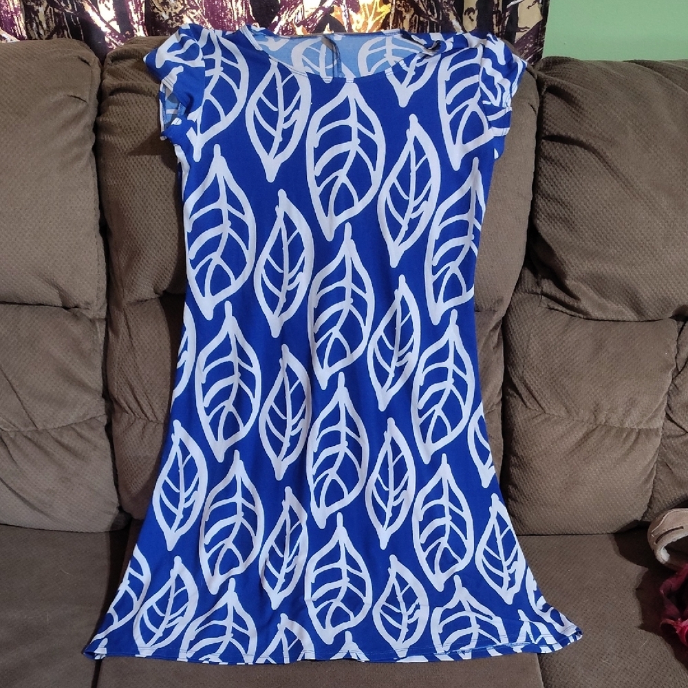 Blue and White Leaf Print Dress